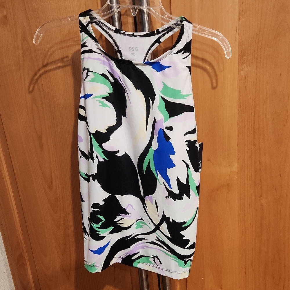 DSG Women's Skylar Printed Swim Top Rush Floral Black and Blue Size XL NWT